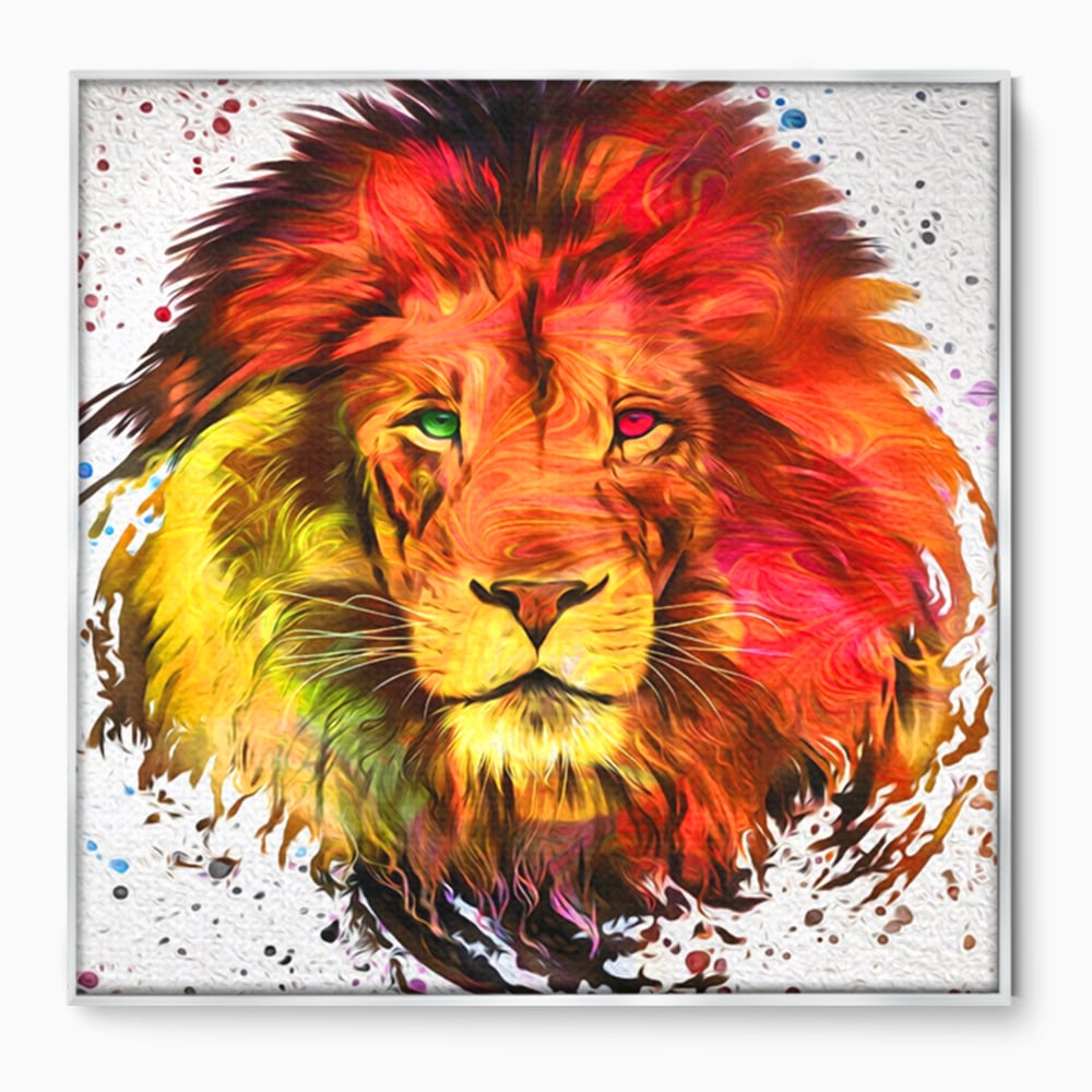 Tablou canvas cu tablou canvas cu leu colorat, in rama de aluminiu argintiu